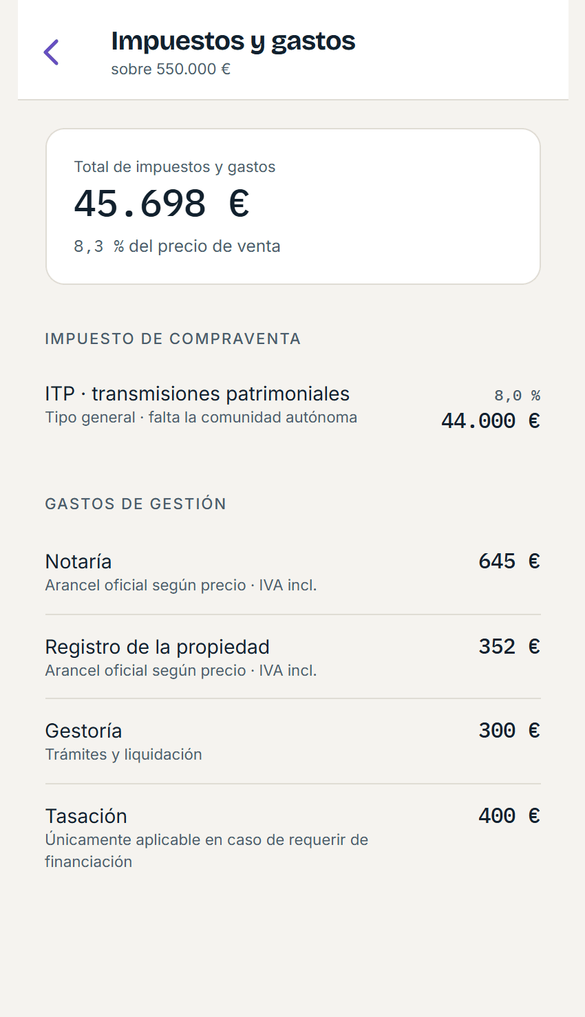 Pantalla de impuestos y gastos de Visiteka: ITP, notaría, registro, gestoría y tasación.